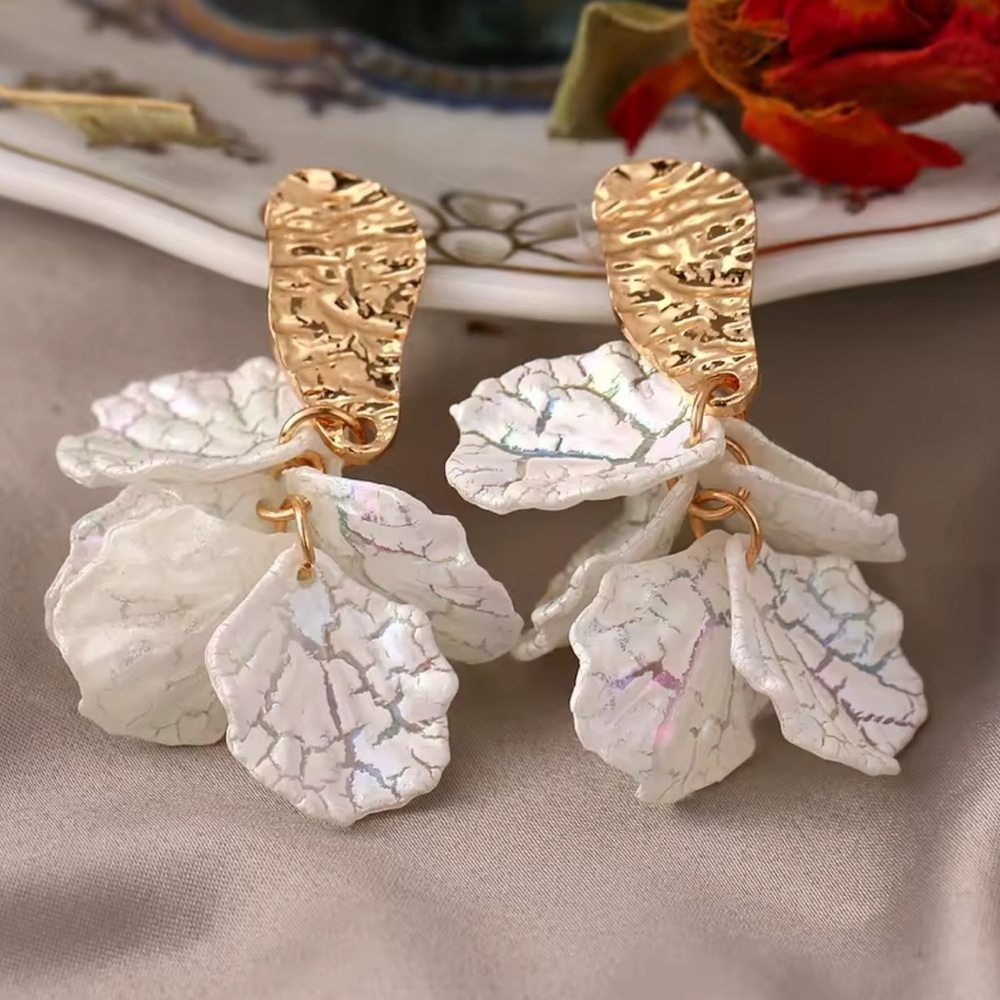 Gold White Floral Earrings